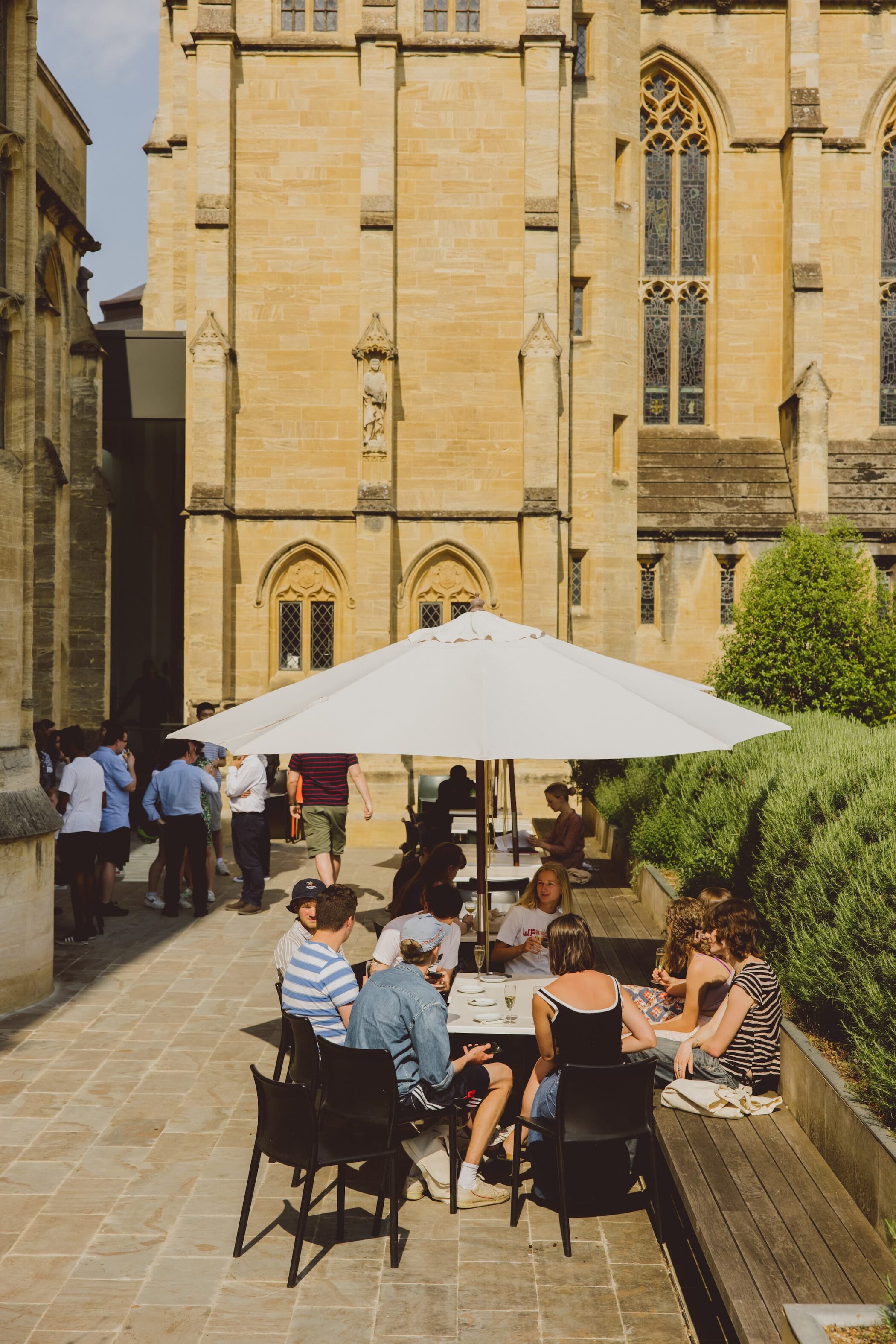 Outdoor seating area of crypt in the summer.