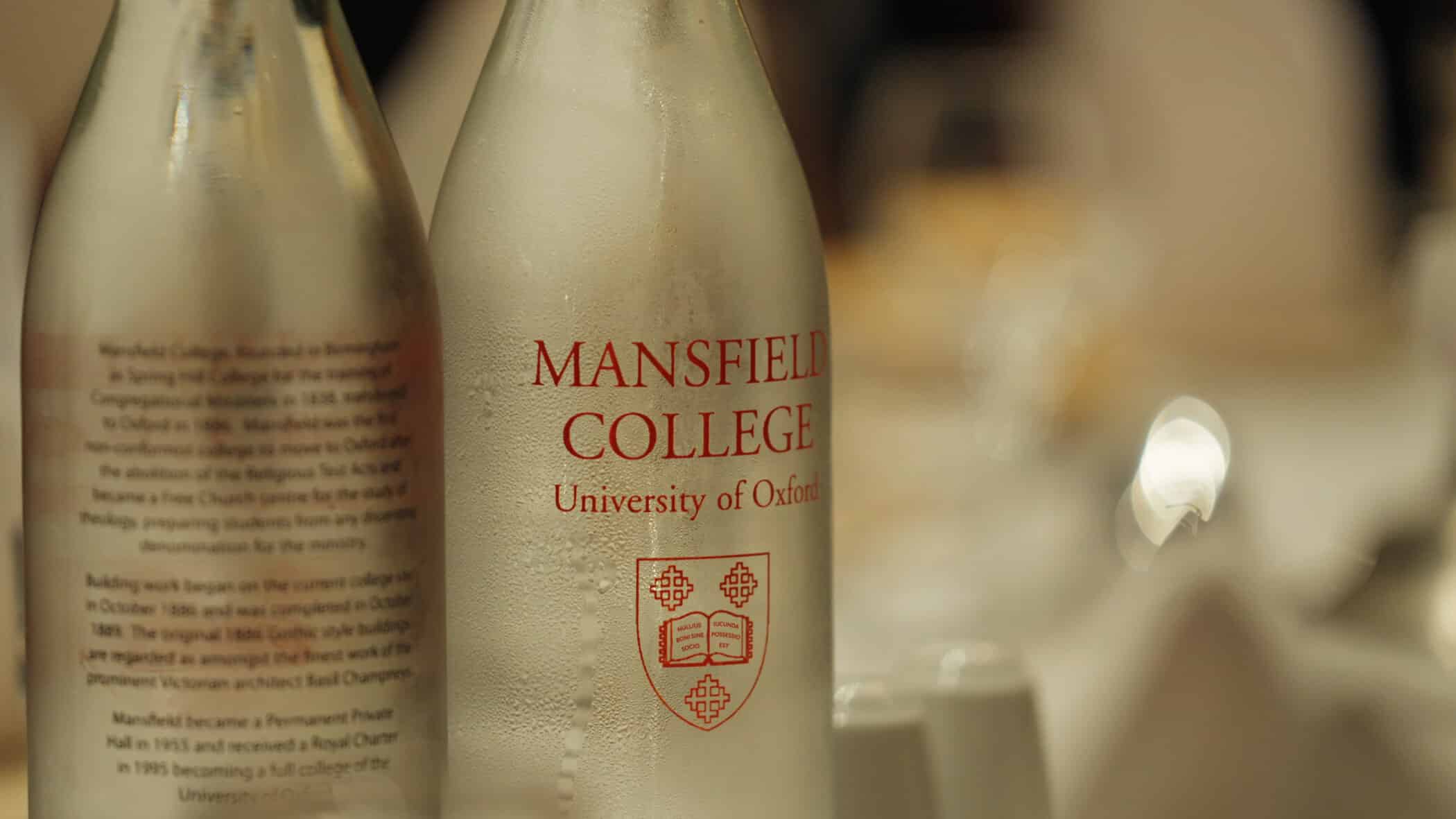 Close up of Mansfield College water bottle merchandise.