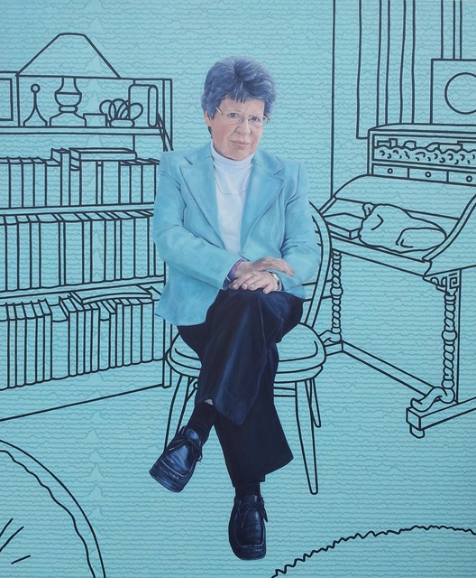 Oxford in Portraits: Jocelyn Bell Burnell sat on a drawn chair outline with a blue background showing the outline of an office.