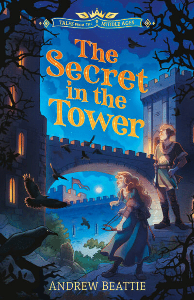 Cartoon illustration of a tower in the night