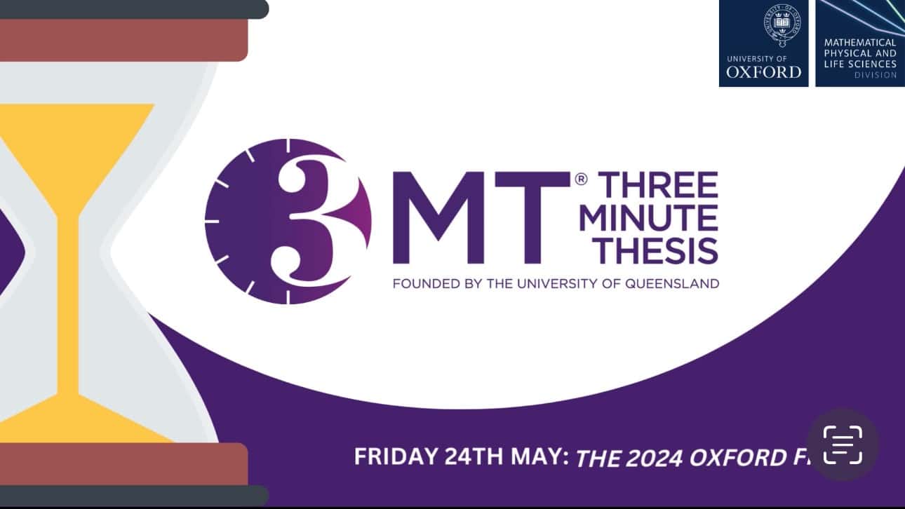 Slide with Three Minute Thesis Logo and Oxford Logos